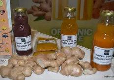 Fresh ginger, powders, as well as juices on display in the Happy Veg booth.